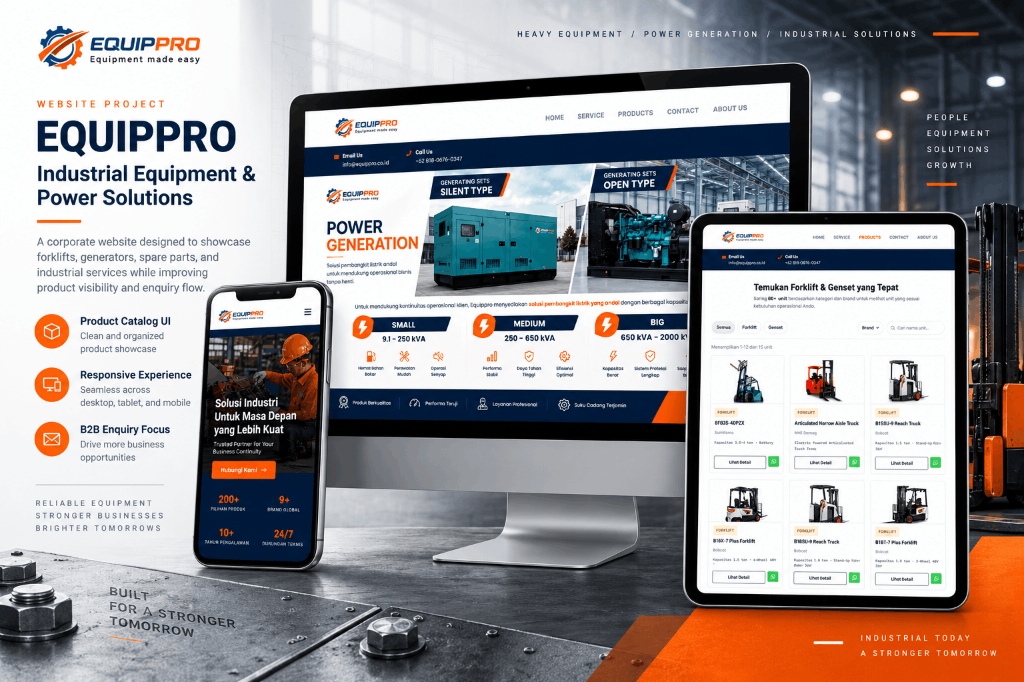 Studi Kasus Jasa Pembuatan Website Korporat & Katalog Industri Alat Berat EquipPro — Industrial Equipment & Power Solutions B2B Website by Scalavia